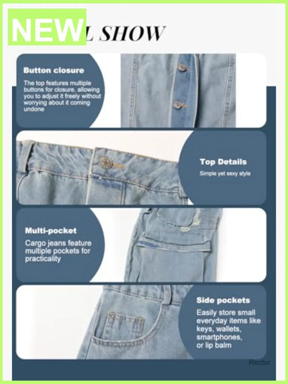 Cargo Denim Jumpsuit with Pockets, Stretch, Button Down - Picture 4 of 7